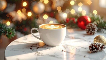 Obraz premium Latte art in a white cup rests on a marble table, festive lights bokeh backdrop