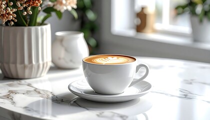 Fototapeta premium Latte art in white cup on marble counter, flowers, window in background, bright, warm scene