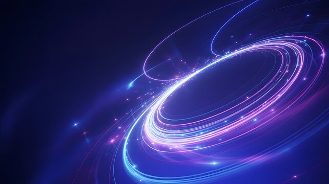 Abstract glowing blue and purple light rings on dark background, futuristic motion energy swirl design concept for technology, data, or innovation themes