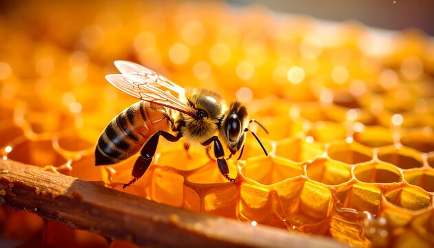 Honeybee up-close, delicately perched on vibrant, golden honeycomb with bokeh lights dancing in the background