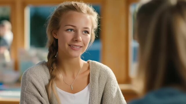 female mentor encouraging young woman at rehabilitation center soft daylight supportive conversation mental health resilience three quarter wide angle cinematic color correction