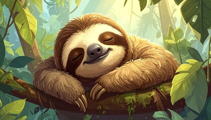 Naklejka premium A cute, cartoonish sloth smiles contentedly while resting on a thick tree branch, surrounded by lush green foliage. The scene is bright and sunny