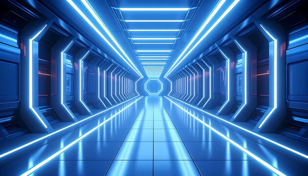 Luminous, futuristic corridor with blue neon lighting, tiled floor, and geometric panels receding into the distance