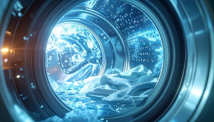 Laundry tumbles in a washing machine, surrounded by water and lit with a bright blue, with a blurry light on the left