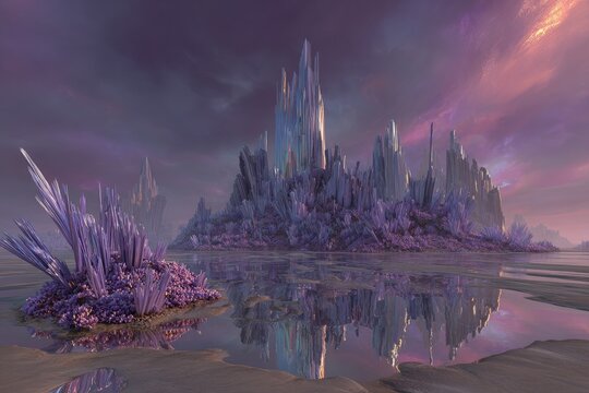 Purple Crystal City Fantasy Landscape At Dawn