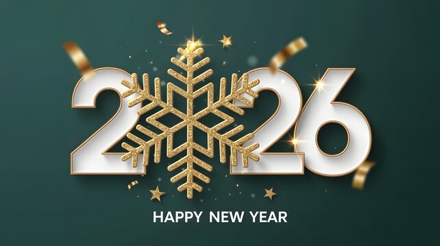 Happy New Year 2026 white and gold typography with metallic snowflake on green background, creative winter celebration and festive holiday design