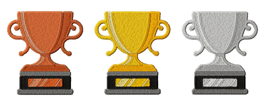 Bronze, gold and silver trophy embroidery patch illustrations isolated on transparent background