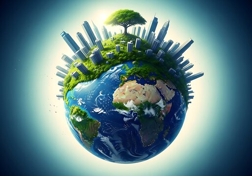 A vibrant earth with lush greenery and towering buildings, symbolizing a harmonious blend of nature and urban development for a sustainable future
