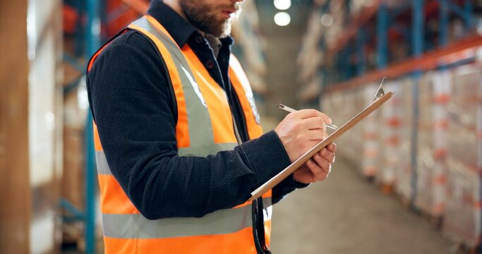 Logistics, writing and hands with clipboard in warehouse, distribution and info for quality control. Factory, distributor and person with checklist for stock inventory, supply chain and shipping