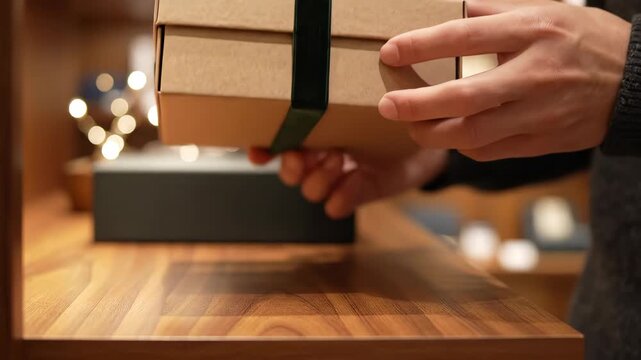 Person Prepares a Gift Box With Green Velvet Ribbon on a Wooden Table
