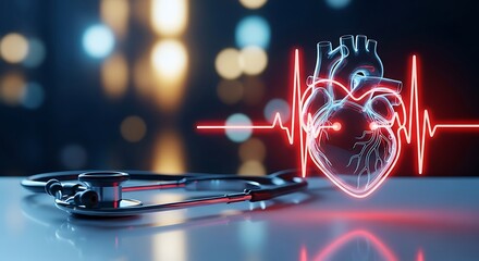 An anatomical heart with a vibrant ecg line, symbolizing medical technology and healthcare innovation for cardiology and vital sign monitoring