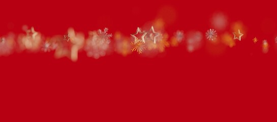 Abstract festive background with red space and blurred bokeh of Christmas ornaments like stars and snowflakes for holiday season and