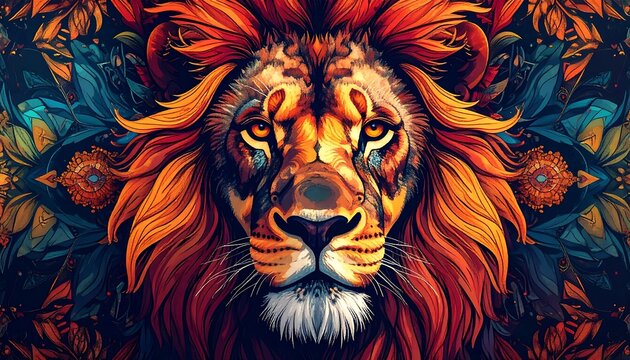 Majestic lion portrait with vibrant orange mane and floral background - Powered by Adobe