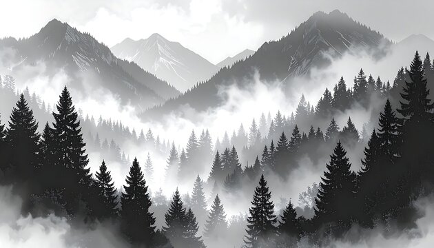 Layered mountains and evergreen trees enveloped in soft fog under a bright sky