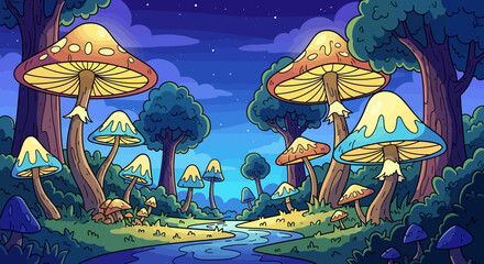 Vibrant Fantasy Mushroom Forest with Glowing Fungi and Mystical Stream.