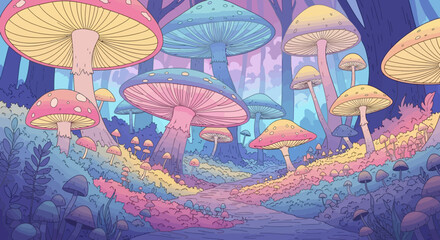 Vibrant fantasy mushroom forest with glowing pastel colors and whimsical flora.