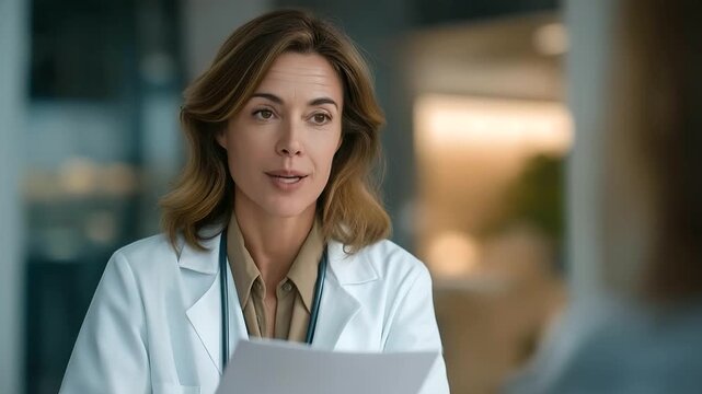 female psychiatrist offering encouraging feedback to patient reviewing progress chart soft keystrokes supportive care three quarter wide angle cinematic color correction gentle