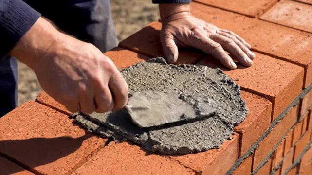 Close-up of a mason's hands using a metal trowel to spread wet grey mortar on a line of red clay bricks during the construction of a wall in bright daylight.