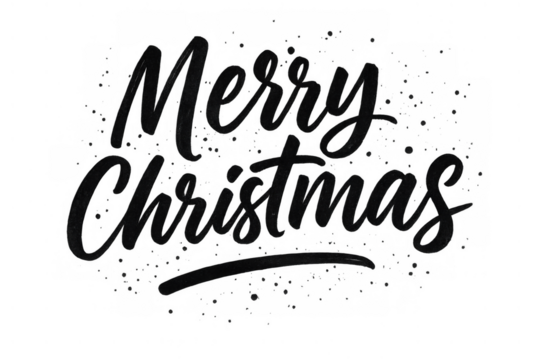 Merry christmas handwritten text featuring calligraphic brush strokes and small ink splatters. Ideal for winter holiday designs
