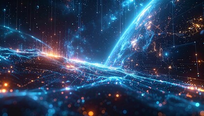 Luminous nodes interconnecting, forming a global network with vibrant blue and orange lights over a cosmic backdrop