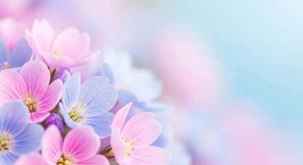 Soft focus pastel pink and blue flowers with gentle bokeh background