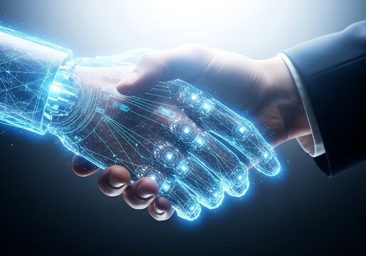 A human hand shaking a robot hand, symbolizing the collaboration between humans and artificial intelligence in the digital age, with a bright glow