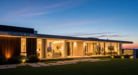 Modern luxury home with extensive glass walls at dusk
