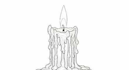 Melting Wax Candle with Burning Flame Line Art.