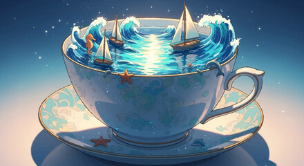 Miniature Ocean Adventure in a Teacup with Sailboats and Waves.