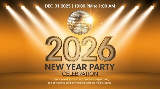 2026 New Year party celebration golden stage with spotlight, disco ball, and stylish typography, perfect for festive invitations and event design - Powered by Adobe