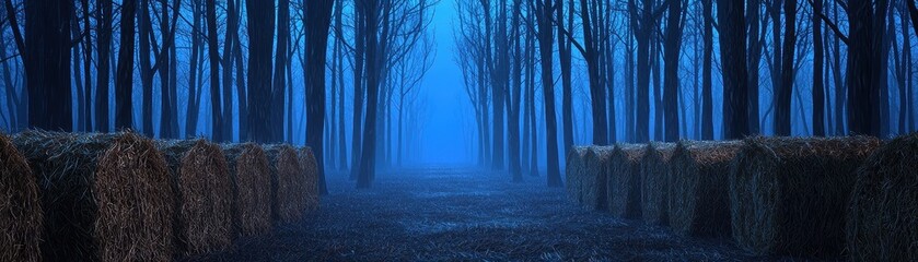 Fototapeta premium Dark misty forest path lined with hay bales under a deep blue sky trees