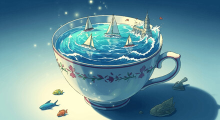 Miniature sailboats navigate a teacup ocean with whimsical charm.