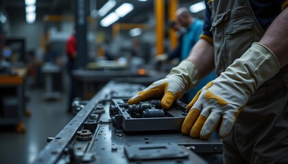 The worker meticulously picks up a heavy metal part with thick gloves, carefully examining it for any defects before placing it onto the assembly line.
