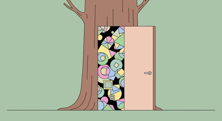 Mysterious Doorway in Tree Trunk Revealing Colorful Abstract Pattern.
