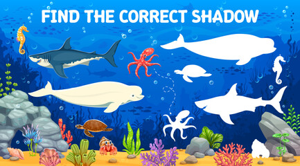 Obraz premium Find the correct shadow of ocean animals kids game worksheet. Educational underwater riddle with cartoon marine shark, octopus, beluga whale, sea turtle, seahorse and coral reef. Fun ocean puzzle quiz