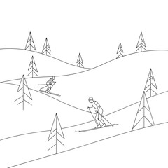 Two skiers practicing cross-country skiing in snowy landscape  