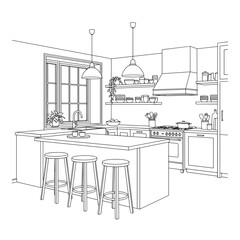 Modern kitchen interior with island and bar stools in outline style  