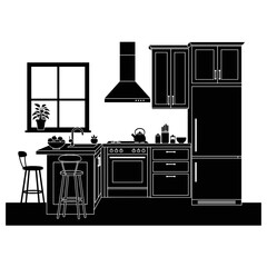 Modern black kitchen interior with appliances and window view  