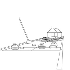 Curling rink with house and curling stones in simple outline design  