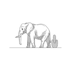 Elephant standing beside cactus in minimalist line art style  