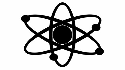 Black atom model with orbiting electrons and a central nucleus on a white background design element