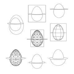 Geometric egg shapes in different views and wireframe designs  