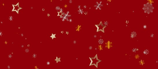 Festive red Christmas background features falling golden stars and snowflakes. Perfect for seasonal greetings and holiday celebration © vegefox.com