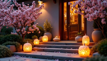 Transform your entryway into a warm and inviting space with the soft glow of lanterns illuminating a delicate display of cherry blossoms