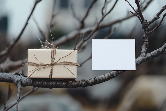 A small gift box unopened under a bare branch beside a white empty note.