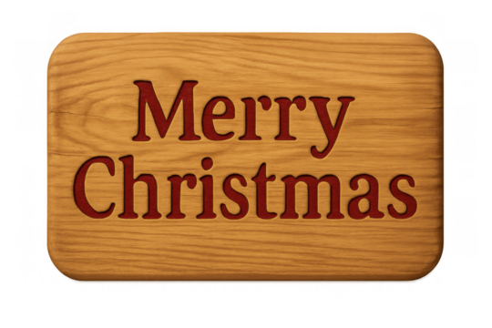 Merry christmas carved wood sign with red text on a transparent background, winter holiday season greeting concept