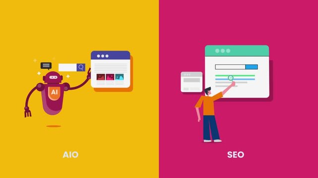 Split view showcase traditional  SEO search, man with magnifier and intelligent AI overview delivers content recommendations, AIO.
