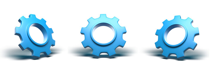 Three blue gear icon in different angles for industrial design concept. 3d render