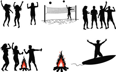 Black silhouettes of people enjoying beach activities, volleyball, surfing, campfire dancing, social celebration vector illustration representing fun and leisure
