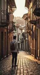 Rear view of a solitary traveler exploring the historic, narrow cobblestone alleyways of a charming European village at sunset